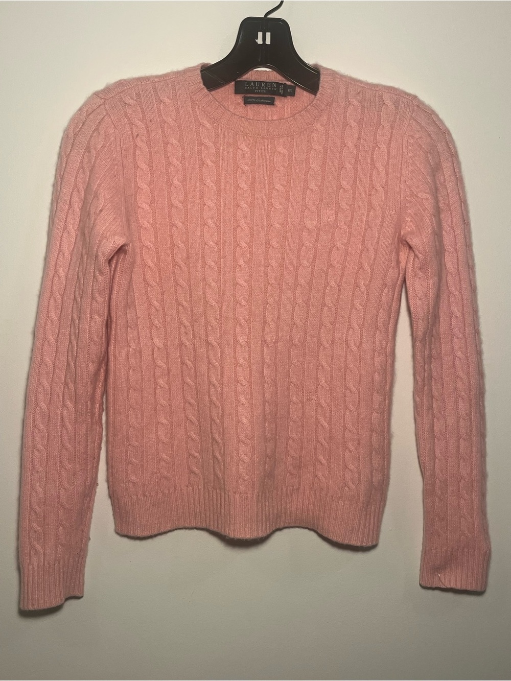 Lauren Ralph Lauren 100% Cashmere Pink Cable-Knit Crewneck Sweater
